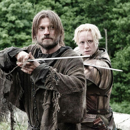Nikolaj Coster Waldau as Jaime Lannister and Gwendoline Christie as Brienne of Tarth in Game of Thrones