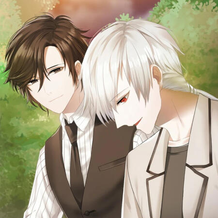 Jumin Han x Zen | Hyun Ryu, Mystic Messenger A Mystic Messenger CG of Jumin Han looking at Zen with a very fond look in his eyes