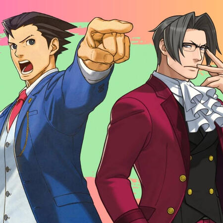Phoenix Wright and Miles Edgeworth. Phoenix is yelling and pointing at something off-screen. Miles is looking at Phoenix.