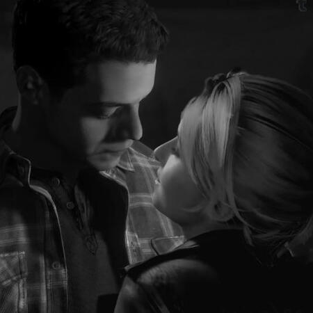 A black and white picture of Josh Washington, as portrayed by Rami Malek, and Sam Giddings, as portrayed by Hayden Panettiere in the video game Until Dawn.
